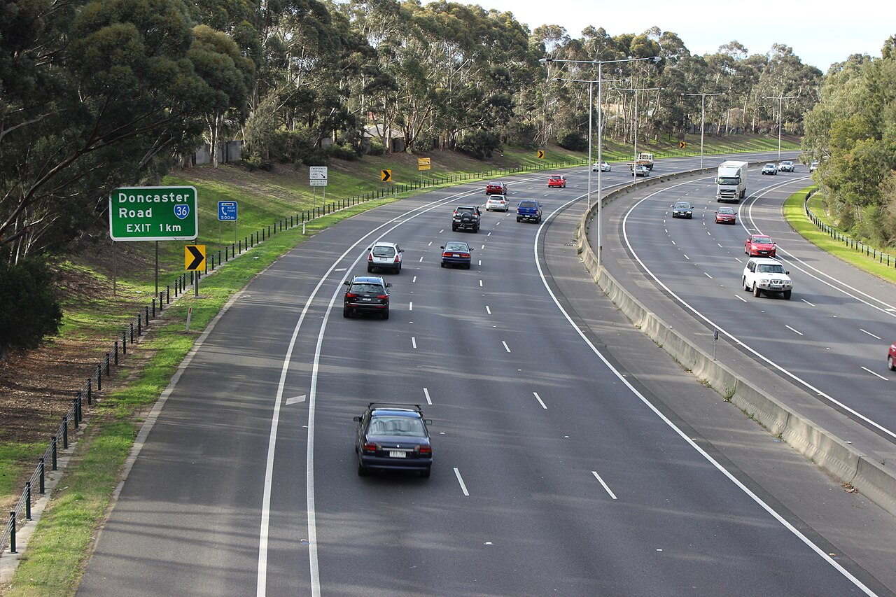The Eastern Freeway at Bulleen, signed for the Doncaster Road exit