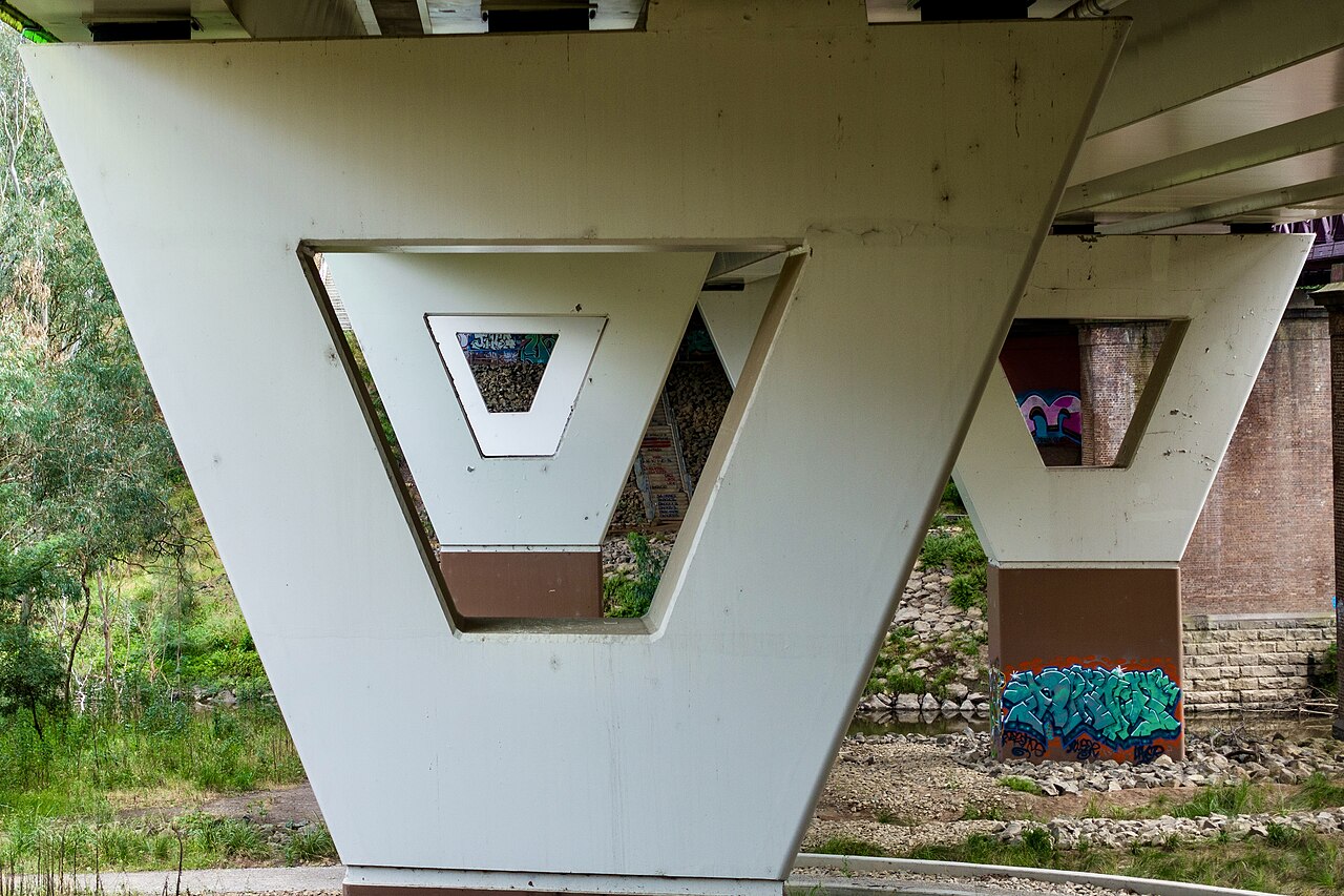 Supports under the Chandler Highway bridge in Kew, 3 December 2024